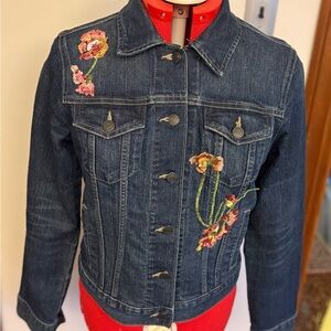 Banana Republic Repurposed art Dark Blue Embroidered Jean Jacket Women’s Medium